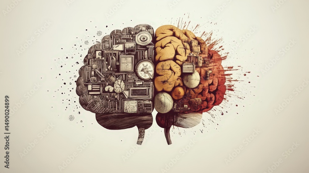 Poster design a brain icon where the left hemisphere is filled with logic-based symbols and the right hemis