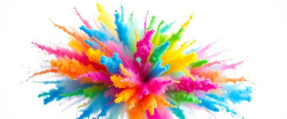 Abstract multicolored powder explosion frozen in motion against a pure white background, splash, paint