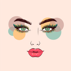 Woman's face with bright makeup on light  background with abstract colored circles.
