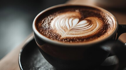 Coffee art latte with latte swirl and milk foam concept. Rich coffee topped with beautiful heart latte art in a cozy setting.