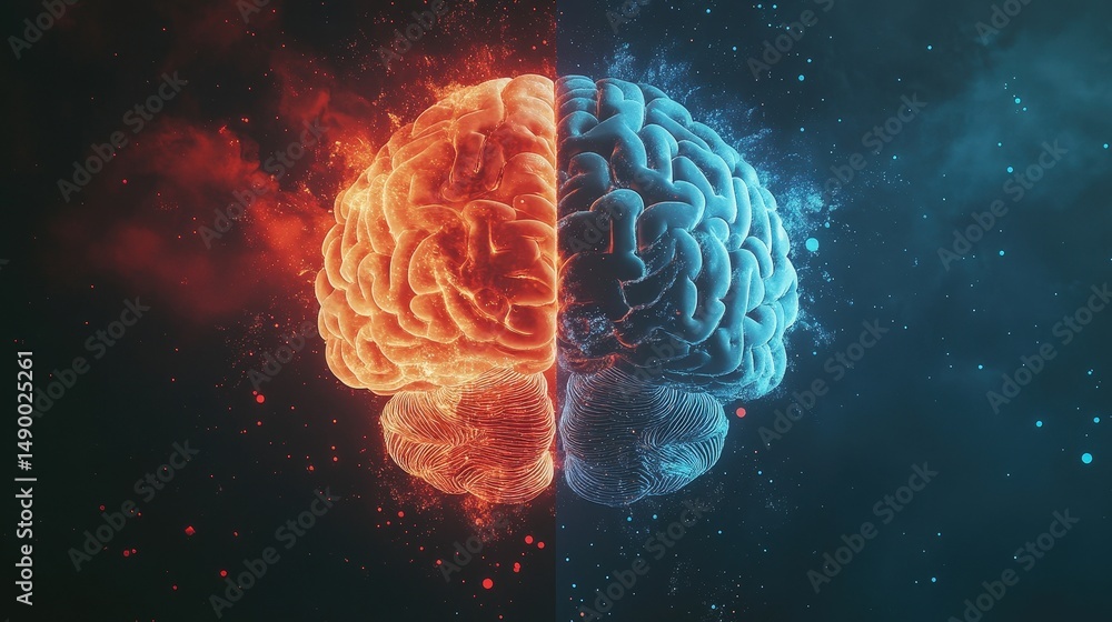 Poster design a brain icon with half being a traditional representation and the other half filled with abst