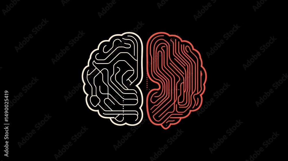 Poster design a clean and simple brain icon with two interlocking halves, one half made of organic lines an