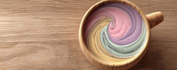 Coffee art latte with cappuccino swirl and wooden table concept. Colorful swirled latte art in a wooden cup on a wooden surface.