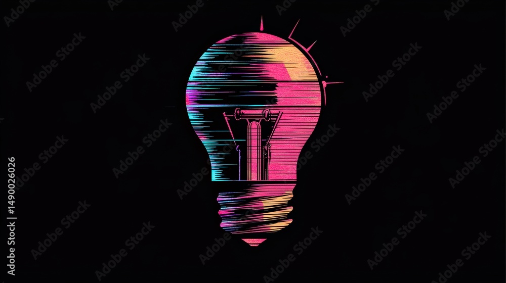Poster design a light bulb icon with a digital glitch effect, representing futuristic innovation and techno
