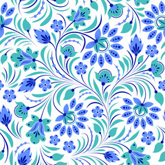 Seamless pattern of stylized blue and teal flowers and leaves