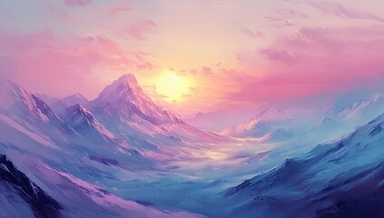 A serene, snow-capped mountain range at sunrise, bathed in soft pinks and purples