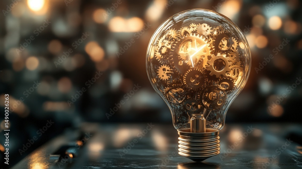 Poster design a light bulb icon with small gears inside, representing mechanical innovation and problem-sol