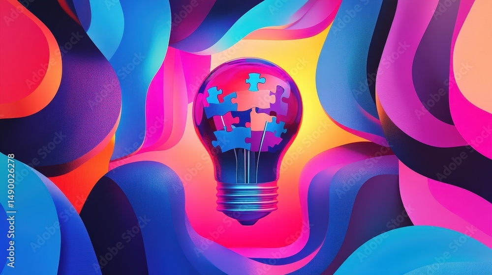 Poster design a light bulb icon with puzzle pieces inside, representing problem-solving and intellectual br