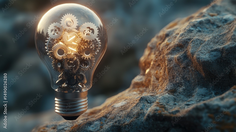 Poster design a light bulb icon with small gears inside, representing mechanical innovation and problem-sol