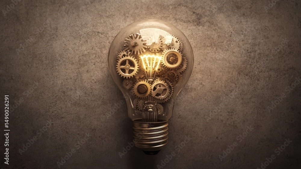 Poster design a light bulb icon with small gears inside, representing mechanical innovation and problem-sol
