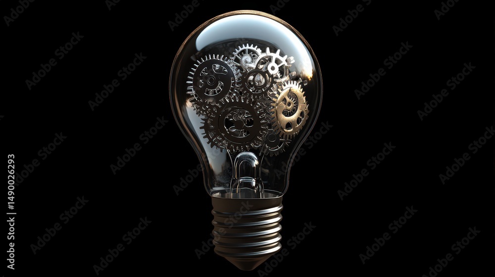 Poster design a light bulb icon with small gears inside, representing mechanical innovation and problem-sol