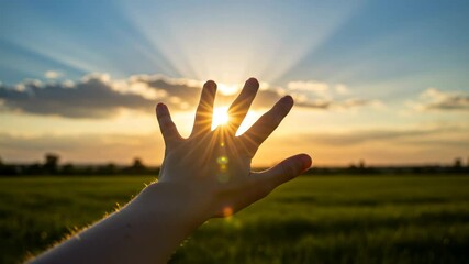 Hand reaching towards the sun with rays in a green field