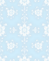 Elegant Victorian Baroque floral scroll on pastel blue, seamless pattern.