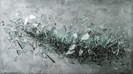 Shattered glass pieces scattered across a textured gray surface with dynamic movement and depth