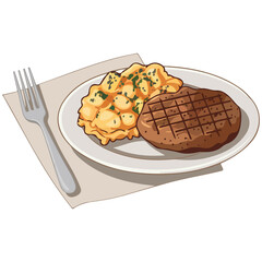 Mashed potatoes with roasted cutlet meal isolated vector illustration on white background