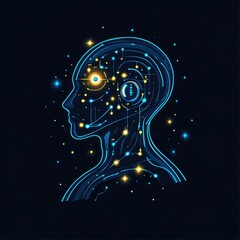 Profile View of Digital Human Head with Glowing Network Connections on Dark Background