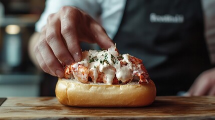 A luxurious lobster roll with tender lobster meat, dressed in mayonnaise and served in a soft, toasted bun, perfect for a special occasion or a gourmet lunch