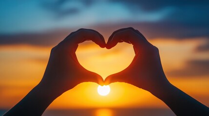 Hands forming a heart shape against a beautiful sunset background.