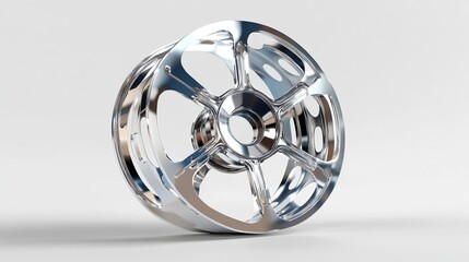 A polished chrome wheel with a complex, open-spoked design, showcasing intricate cutouts and a central hub, set against a minimalist white backdrop.  The wheel displays a futuristic aesthetic