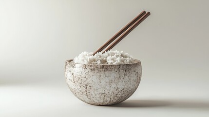 A speckled, off-white bowl of fluffy white rice, with a pair of dark brown chopsticks resting on the top, set against a minimalist off-white background