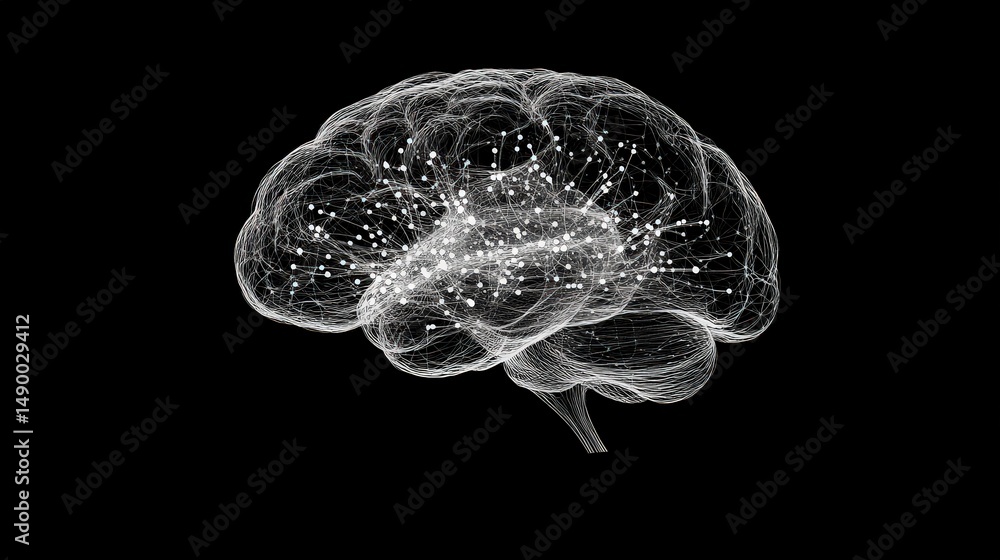Poster illustrate a brain icon using dots and dashes to represent synapses firing, symbolizing the process 