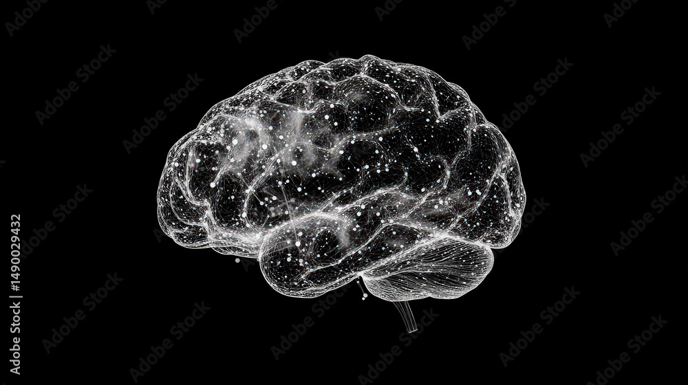 Poster illustrate a brain icon using dots and dashes to represent synapses firing, symbolizing the process 