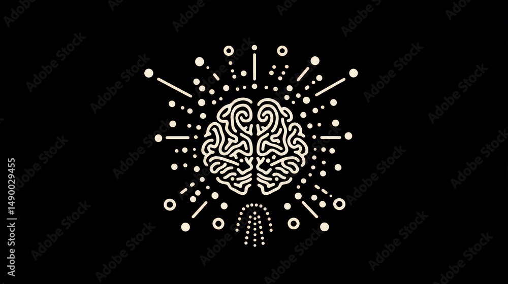 Poster illustrate a brain icon using dots and dashes to represent synapses firing, symbolizing the process 