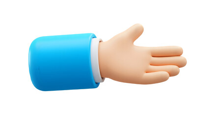 Cartoon hand in blue sleeve offers a friendly handshake. 3D icon, plastic illustration style on transparent or white background