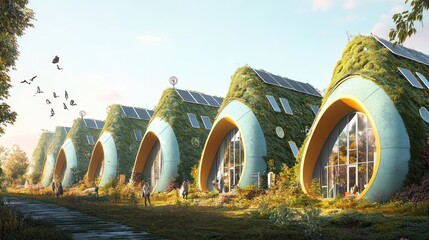 Eco-friendly houses, solar panels, green roof, nature background, sustainable living concept