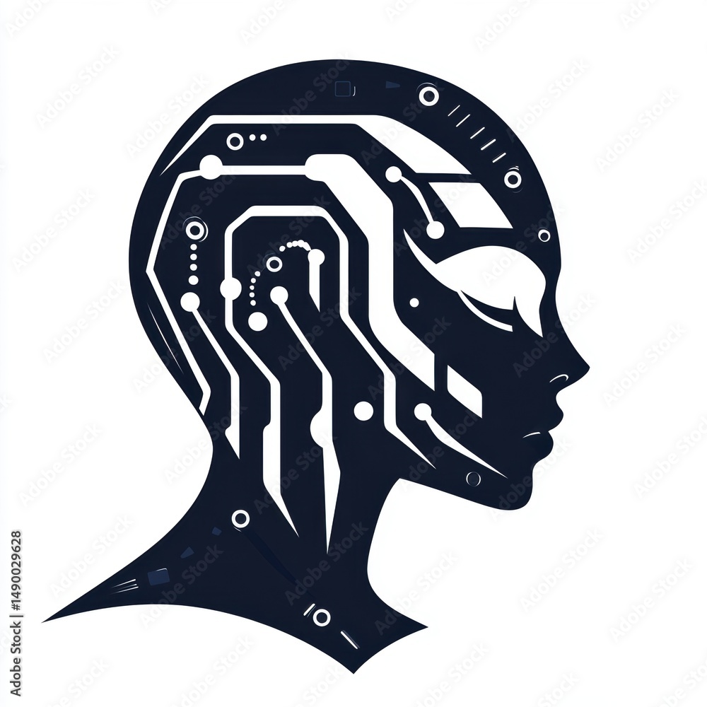Poster head silhouette with circuit board pattern on white background