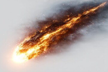 A fiery glowing meteor with a bright light trail, isolated on clean white background
