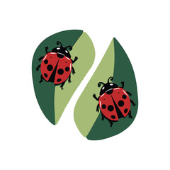 Cartoon Ladybugs on Green Leaves Vector Illustration