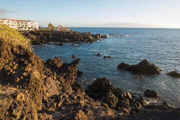 View of black lava rocks at the sea shore promenade in Playa de San Juan in the south of Tenerife,Canary Island, Tenerife, Spain with cacti, palm trees and apartments.
