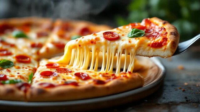 Pizza slice being lifted with melted cheese on rustic wooden table  