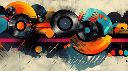 Obraz premium Illustrate a music-inspired collage combining vinyl records, soundwave patterns, and colorful abstract elements, celebrating the energy of music.