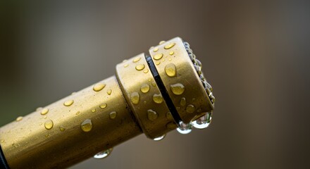Golden Pipe with Dew Drops: A Macro Photography of Water Droplets on a Brass Pipe