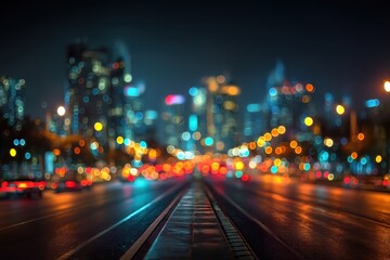 A blurred cityscape background with colorful bokeh lights in the distance, isolated on white background