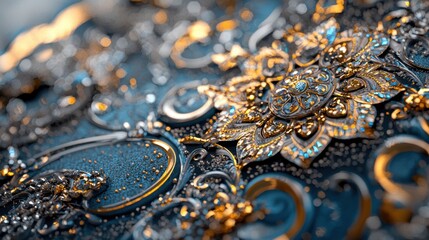 A gold and silver flower with a blue background