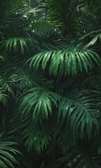 Intricate palm fronds, rich emerald hues, tropical ambiance, paradise, photography, photo