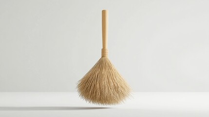 A light-beige, natural-fiber broom with a slender, light-wood handle, hovers slightly above a minimalist white surface, casting a soft shadow
