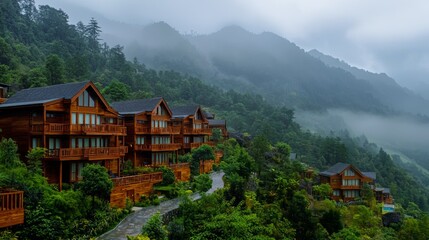 Obraz premium Scenic hillside resort surrounded by misty mountains in a tranquil environment during early morning hours
