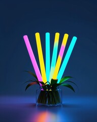 Glow stick centerpiece glowing in the dark on plain dark background