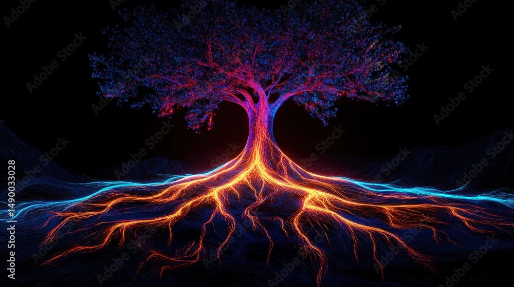 Poster illustrate an alien tree with glowing, neon-colored roots, extending in fractal-like patterns, compl