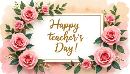 A happy teacher's day card with pink roses and a gold frame on a watercolor background