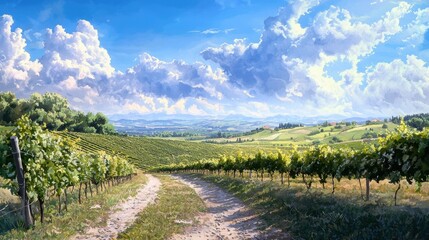 Naklejka premium A painting of a vineyard with a road leading through it