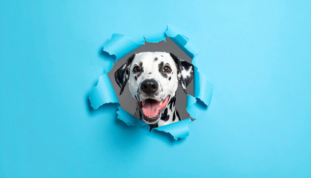 Funny smiling Dalmatian comes out of a paper blue background tearing it. Cute dog. Adorable pet