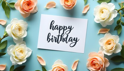 A happy birthday card surrounded by flowers and petals on a pastel blue background