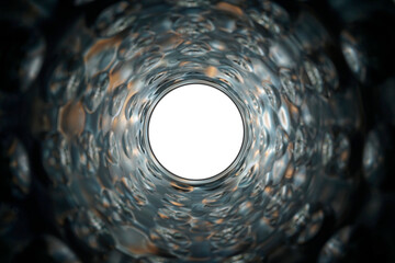 Tunnel of light, textured drinking glass from above with interesting lighting mood. Transparent glass base.