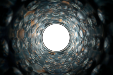 Tunnel of light, textured drinking glass from above with interesting lighting mood. Transparent glass base.