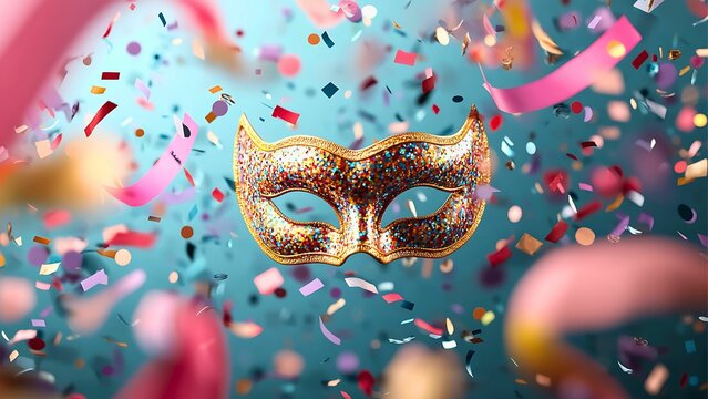 A close-up shot of a golden masquerade mask surrounded by confetti, evoking a sense of celebration, mystery, and anticipation